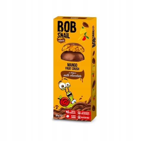 Mangový snack v mliečnej čokoláde BOB SNAIL 30g. čokoláda