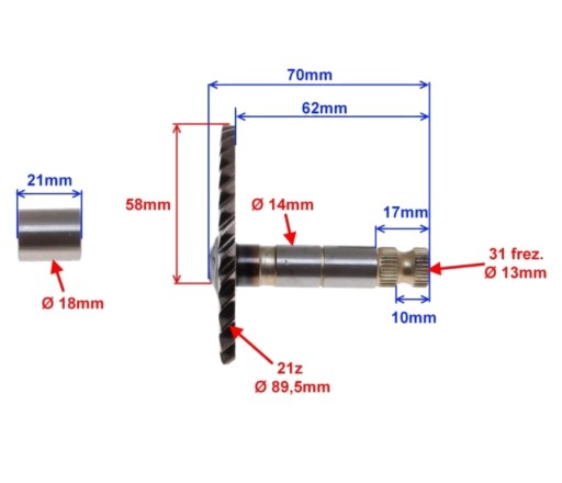 Kolobežka GY6 4T, hriadeľ štartéra 62 mm pre 8T koleso