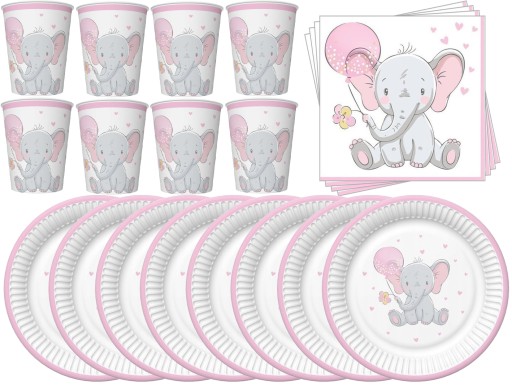 BABY SPRCHOVÁ súprava taniere, šálky, obrúsky, SLON, ružová, narodeninová oslava
