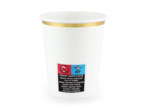 PartyDeco biele papierové poháre so zlatým okrajom, 6 ks.