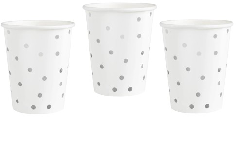 Jednorazové BIELE HRNČEKY so striebornými narodeninami DOTS