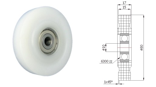 Plastový valček s ložiskom fi 80mm fi 10mm