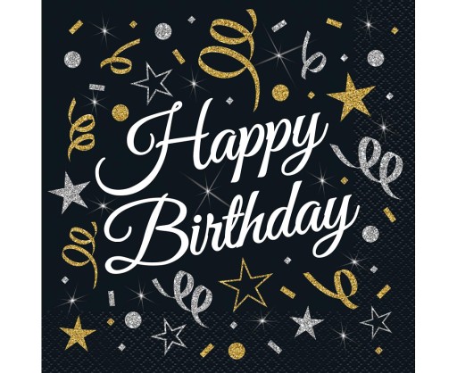 čierne obrúsky B&C Happy Birthday na narodeninovú oslavu
