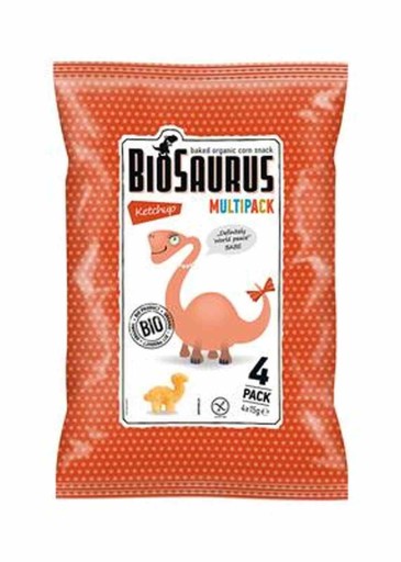 BIOSAURUS BIO KUKURIČNÉ KRÚŠKY KEČUP DINOSAURY BEZLEPKOVÉ 4x15 g