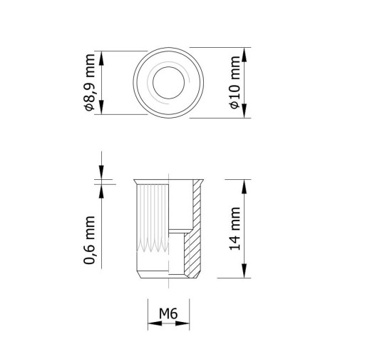 Drážkovaná nitovacia matica, mini kužeľ, M6 x 14 mm