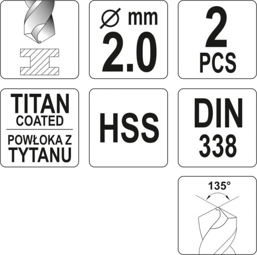 HSS-TiN VRTÁK DO KOVU VŔTAČKA 2 MM - 2 KS YT-44632