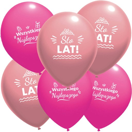 Latexové BIRTHDAY balóny Sto Lat, poľský nápis, ružové, 30 cm, 10 ks.
