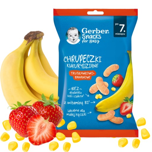 GERBER Banánovo-jahodové kukuričné chrumky pre deti 7 m+ 28 g