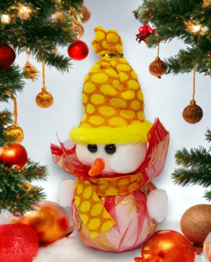 Figúrka snehuliaka, svietiaca LED, vianočná dekorácia, 16cm, žltá a červená