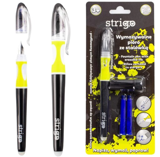 Vymazateľné pero s čiernym hrotom + dve náplne Strigo