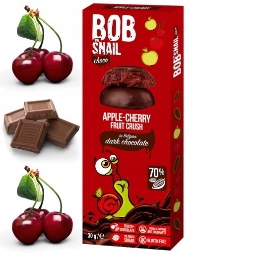 BOB SNAIL cherry v tmavej čokoláde snack 30g. čokoláda
