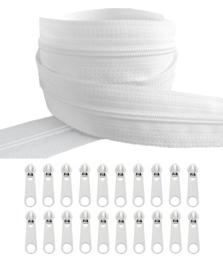 Špirálová páska na zips 3 mm vystužený zips BIELY 10 metrov + 20 zipsov