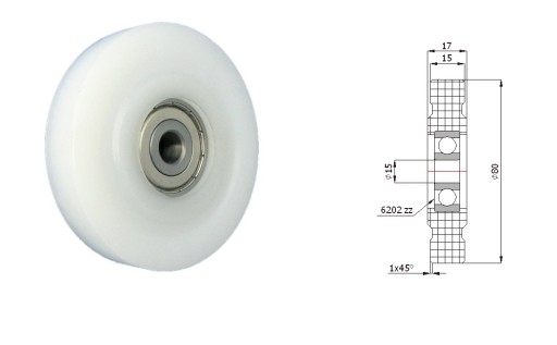 Plastový valček s ložiskom fi 80mm fi 15mm