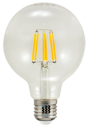GLOB G95 E27 LED žiarovka 7,5W teplá 3000K 1055lm priehľadná POLUX
