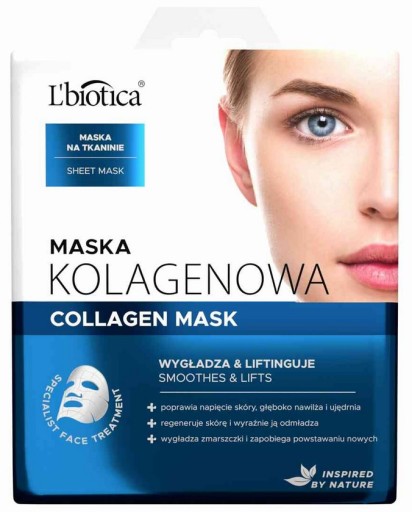Kolagénová pleťová maska L'biotica, vyhladzujúca a liftingová, 23 ml