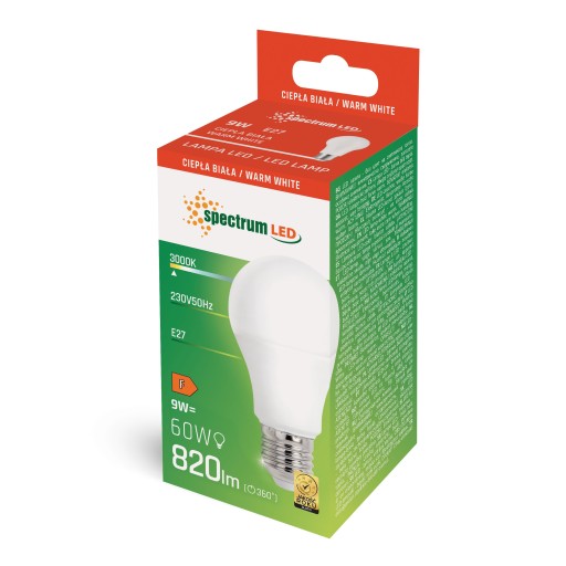 LED žiarovka svetelný zdroj E27 GLS 9W 3000K 820lm TEPLO 270 st. SPEKTRUM