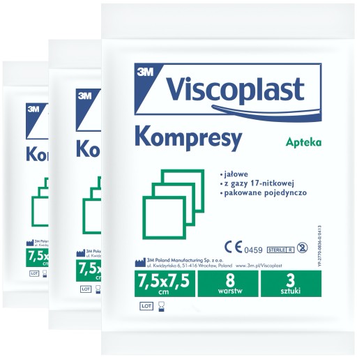 3 KS VISCOPLAST Sterilné gázové obklady 7,5x7,5 cm