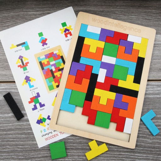 DREVENÉ BLOKY TETRIS PUZZLE 40 ELEM TANGRAM LOGICKÁ HERNÁ SADA