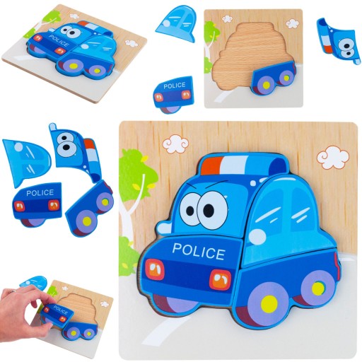 DREVENÉ BLOKY VZDELÁVACIE PUZZZLE POSTAVKY POLICAJTICKÉ AUTO MONTESSORI