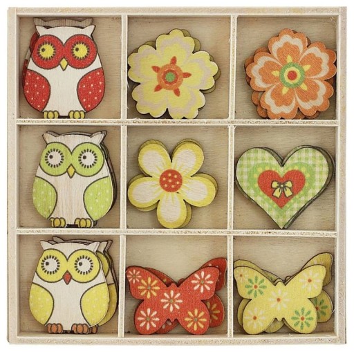 FAREBNÉ drevené OZDOBY a kvietky pre deti 3D Decoupage 27 KS