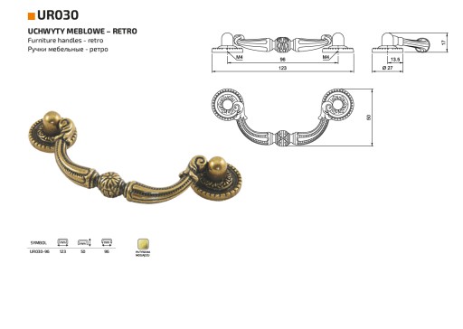 RETRO NÁBYTKOVÁ ÚCHYTKA - UR030 OLD GOLD 96MM AMIX