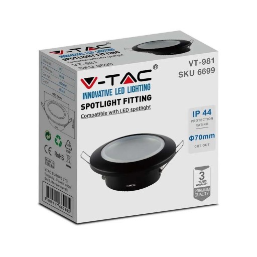 V-TAC GU10 Zapustené okrúhle tesné očko so sklom IP44 Čierna VT-981 3 L