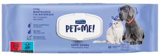 Vlhčené obrúsky pre domácich miláčikov, psov a mačky, bez zápachu, Septona, 60 ks.