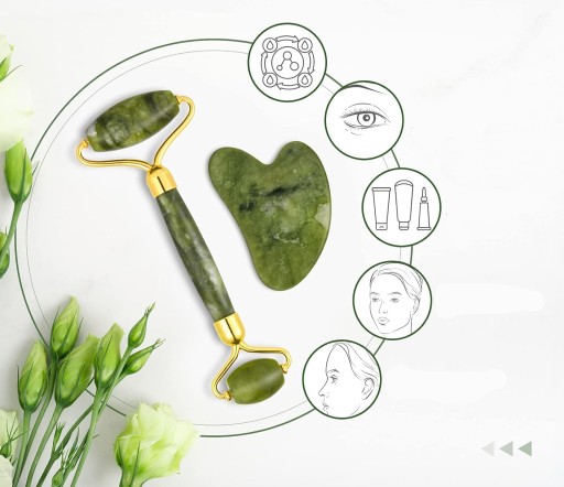 ROLLER MASSAGER pravý nefritový kameň na tvár + sada GUA SHA