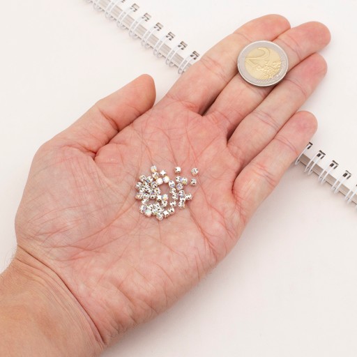 Štrasové kamienky na šitie, sklo/mosadz, trieda A, krištáľ AB, 3-3,2 mm, 50 kusov
