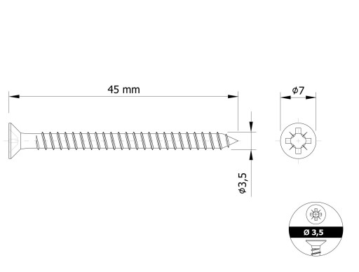 3,5 X 45 MM tvrdené kužeľové skrutky do dreva