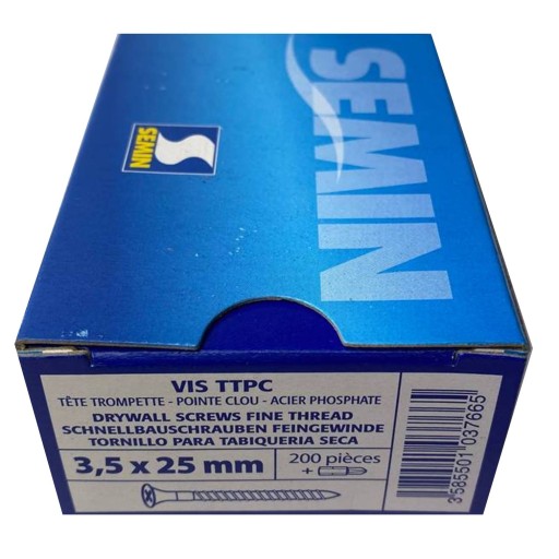 Skrutky do plechu bez vrtáku do sadrokartónu, kartón, 3,5x25mm SEMIN, balené 200 ks.