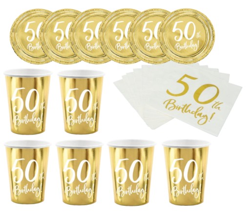 50. NARODENINY SÚPRAVA hrnčeky TANIERE BRÚSKY ZLATÁ