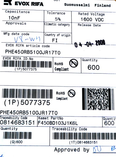Fólia RIFA 10nF 5% 1600V DC 10ks
