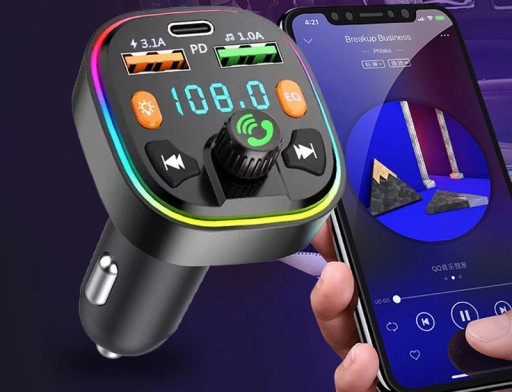 FM VYSIELAČ BLUETOOTH 5.0 NABÍJAČKA QC 3.0 PD 20 W RGB 2x USB USB-C