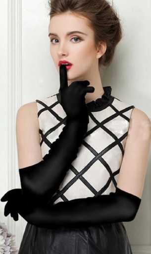 DLHÉ VEČERNÉ RUKAVICE RETRO ČIERNA LYCRA ELEGANTNÉ