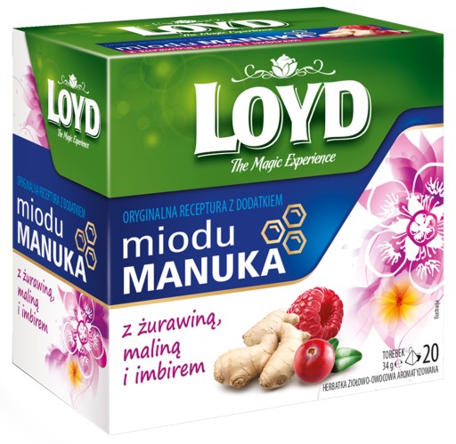 Bylinný ovocný čaj Manuka Med Brusnica Malina Zázvor 20 T. LOYD