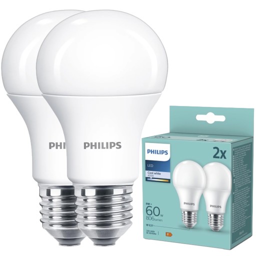 2x LED žiarovka PHILIPS E27 8W = 60W 4000K NEUTRÁLNA BIELA 806lm 180° A60