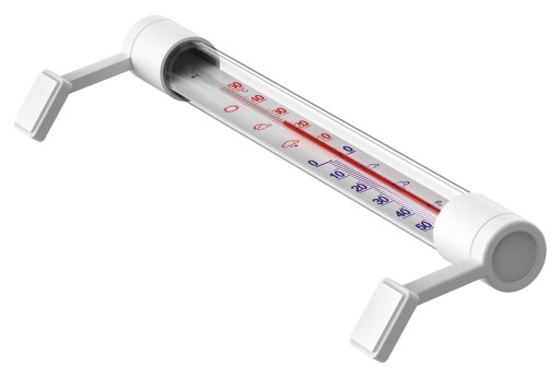 Malý biely nalepovací teplomer Biowin za oknom