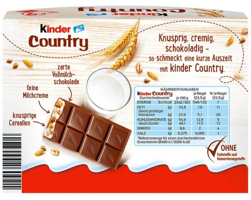 KINDER COUNTRY Čokoládové tyčinky s náplňou a cereáliami 9 ks FERRERO DE