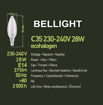 Halogénová sviečková žiarovka B35 E14 230V 375lm 28W = 40W ECO