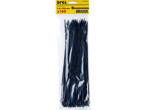 KABELOVÉ VIAZAČKY 3,6X300MM NYLON ČIERNA VIAZAČKA UV DREL 100ks
