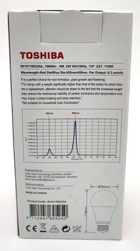 Toshiba LED žiarovka pre rastliny A60 E27 9W 1100K