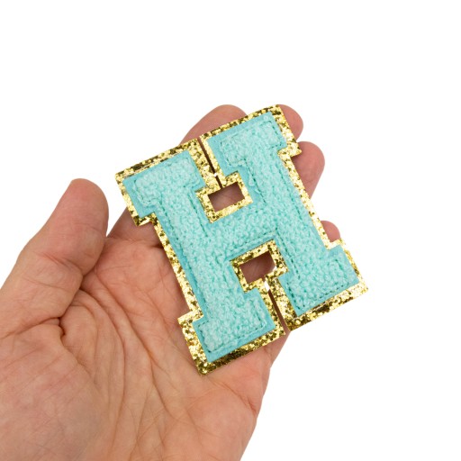 PATCH LETTER H, trblietky, modrá, azúrová