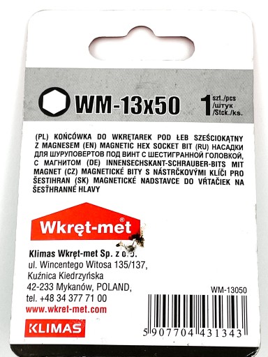 Bit s magnetickým hrotom, šesťhranná hlava KLIMAS 13x50mm
