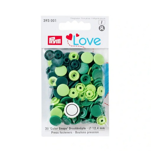 Plastové patentky Prym Love, 3 zelené farby, 30 ks