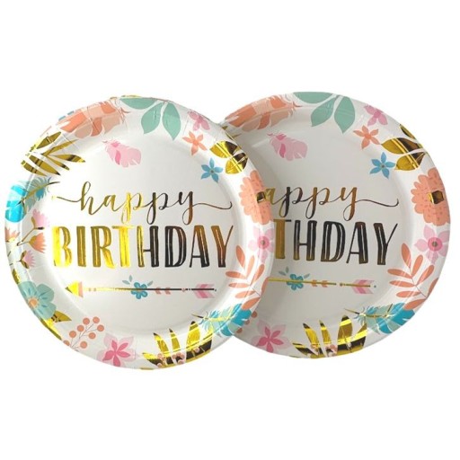 Papierové taniere 10 ks Happy Birthday 18cm BOHO FLOWERS zlaté Narodeniny