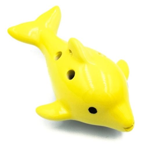 mini OKARYNA, keramika, žltá, delfín, 6 jamiek, noty - flauta okarína