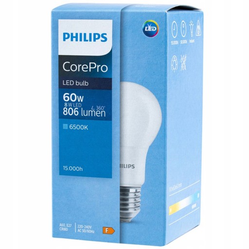 E27 LED žiarovka 8W = 60W 806lm 6500K Cool White CorePRO PHILIPS