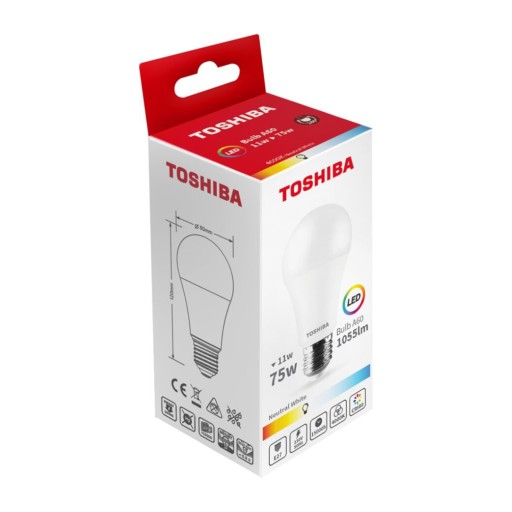 E27 A60 LED žiarovka 11W = 75W 1055lm 4000K 180° neutrálna mliečna TOSHIBA