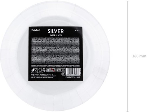 STRIEBORNÉ papierové taniere 18 cm, 6 ks, narodeniny, Silvester, LUX, metalíza